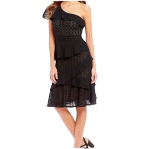 Gianni Bini Dress Womens Layered One Shoulder Ruffled‎ Midi, Black/Tan, Sz Large